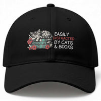 Easily Distracted By Cats And Books Baseball Cap Funny Book Lover Gift
