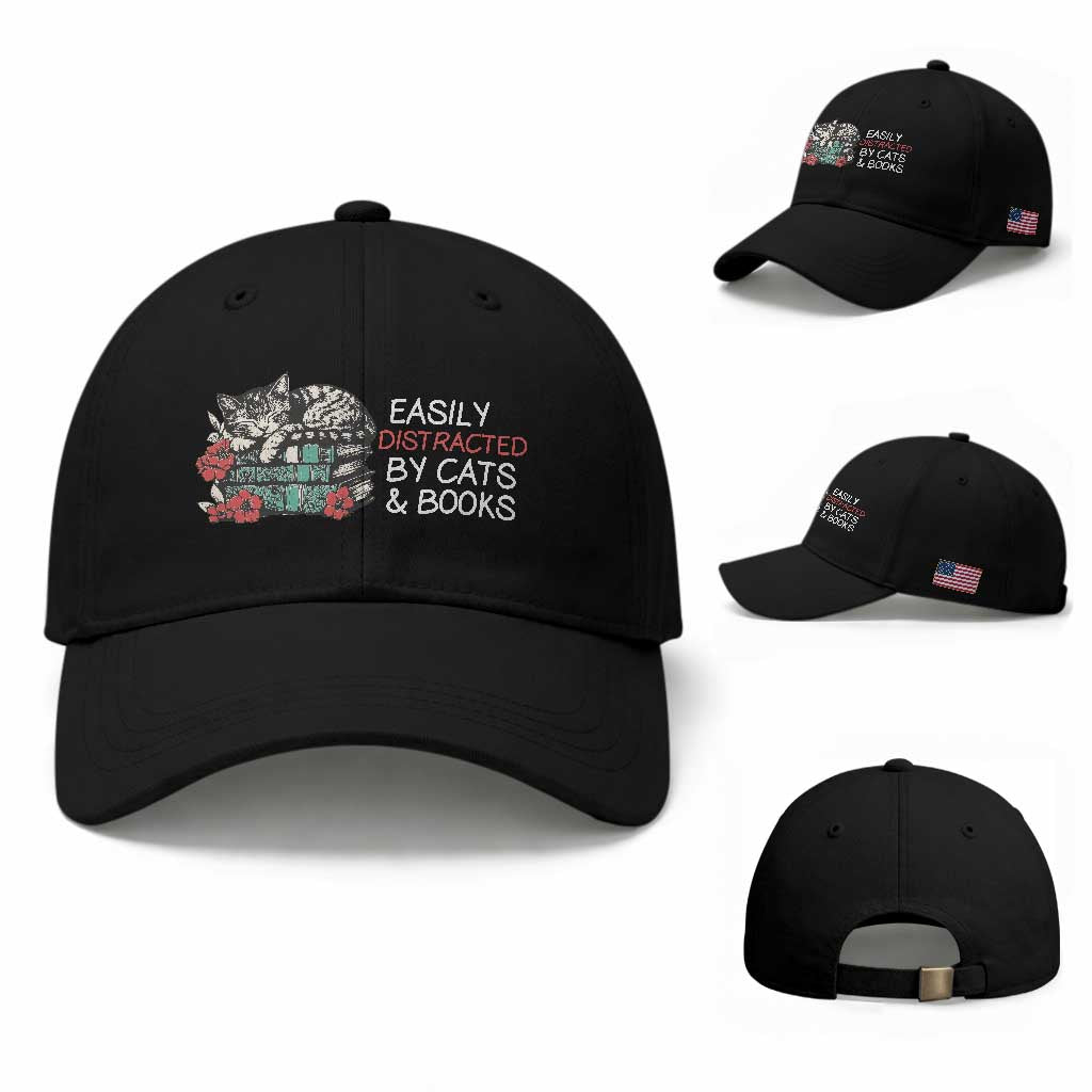 Easily Distracted By Cats And Books Baseball Cap Funny Book Lover Gift