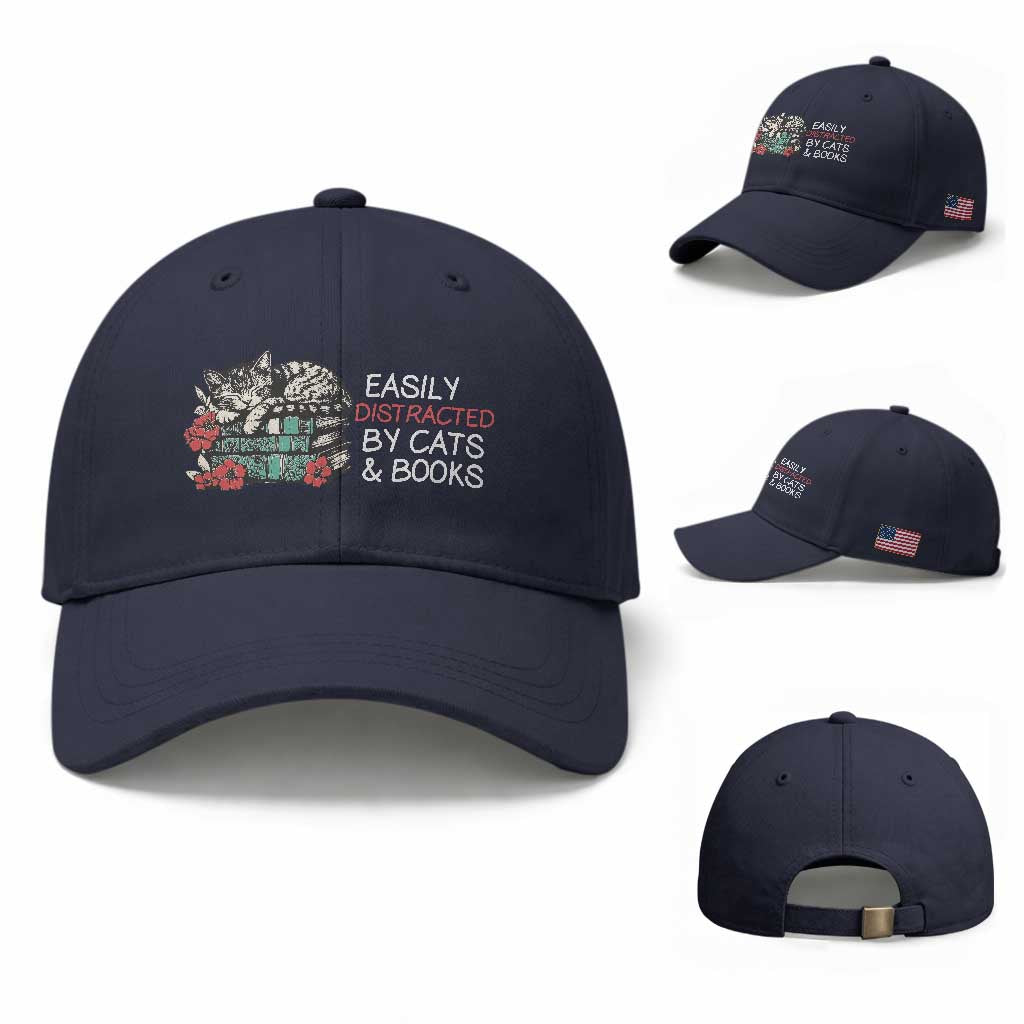 Easily Distracted By Cats And Books Baseball Cap Funny Book Lover Gift