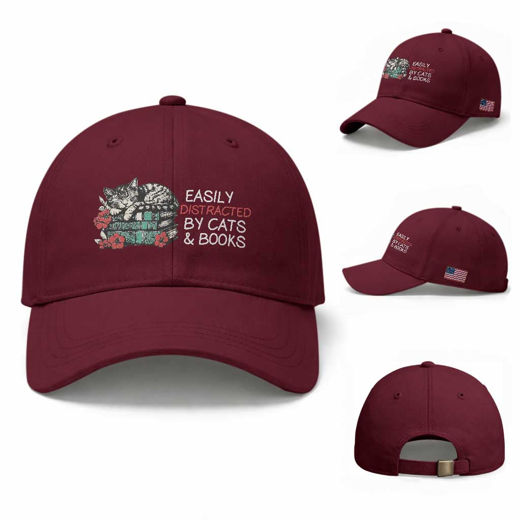 Easily Distracted By Cats And Books Baseball Cap Funny Book Lover Gift