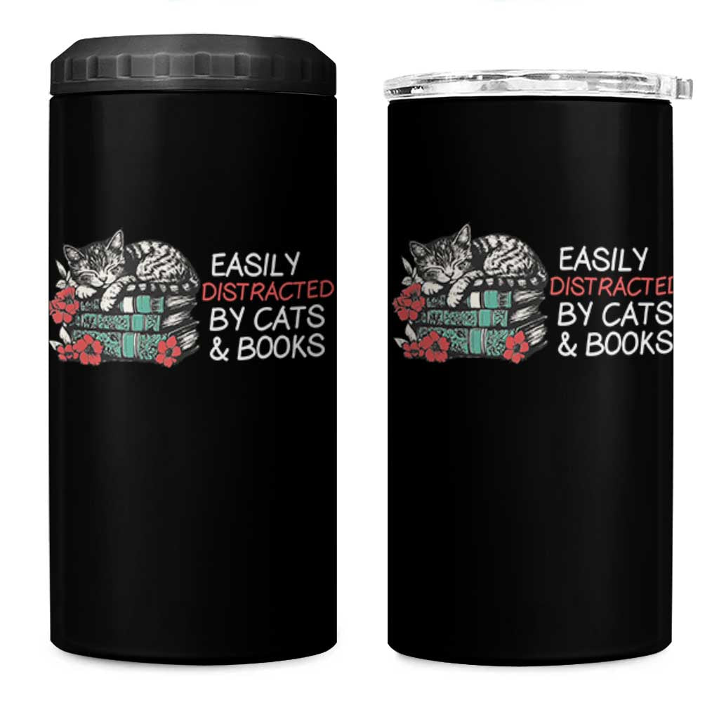 Easily Distracted By Cats And Books 4 in 1 Can Cooler Tumbler Funny Book Lover Gift
