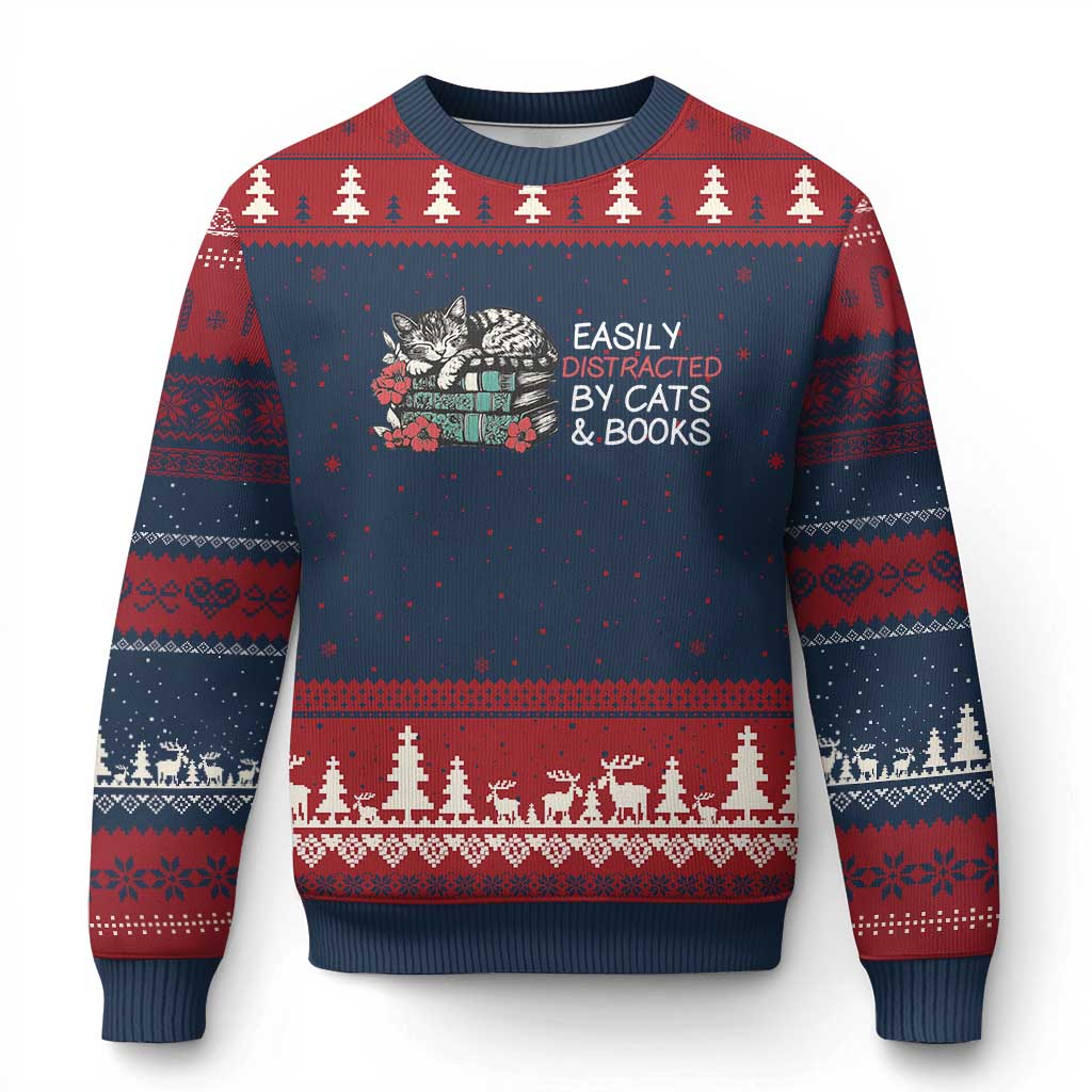 Easily Distracted By Cats And Books Ugly Christmas Sweater Funny Book Lover Gift - Wonder Print Shop