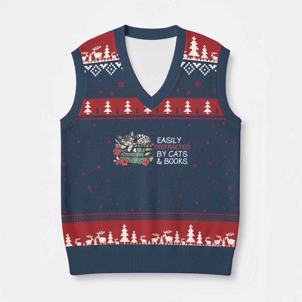 Easily Distracted By Cats And Books V-Neck Knit Sweater Vest Funny Book Lover Gift - Wonder Print Shop