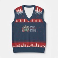 Easily Distracted By Cats And Books V-Neck Knit Sweater Vest Funny Book Lover Gift - Wonder Print Shop
