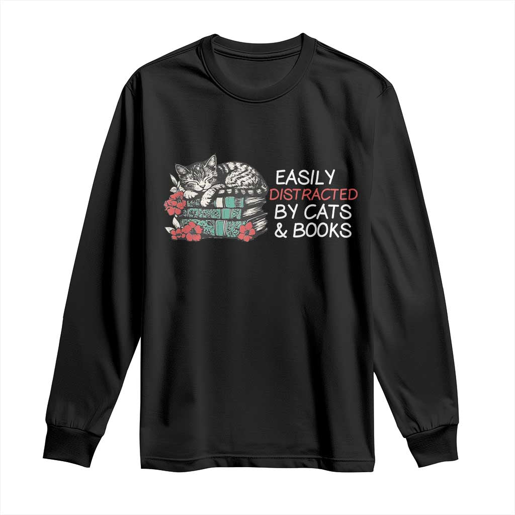 Easily Distracted By Cats And Books Long Sleeve Shirt Funny Book Lover Gift - Wonder Print Shop