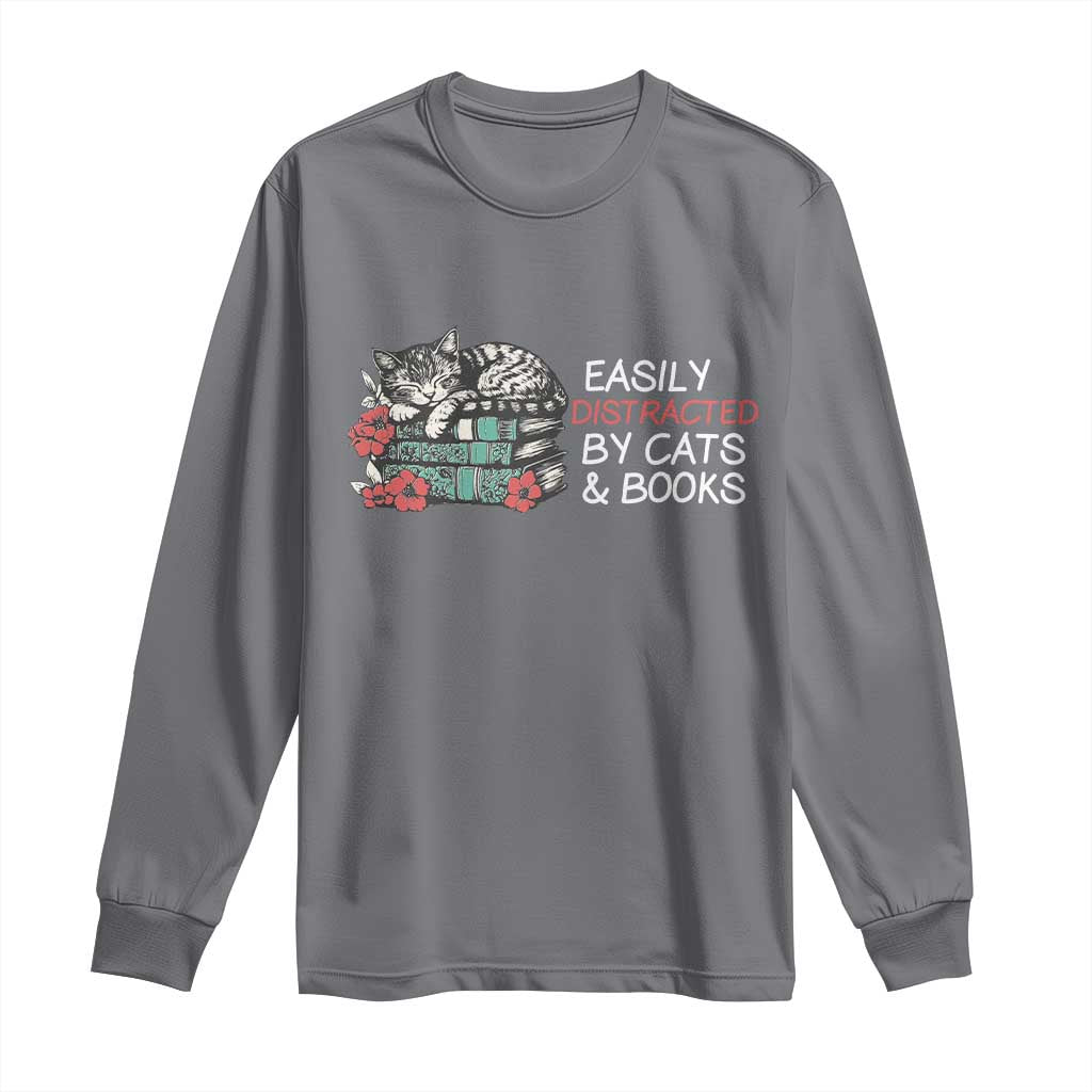 Easily Distracted By Cats And Books Long Sleeve Shirt Funny Book Lover Gift - Wonder Print Shop