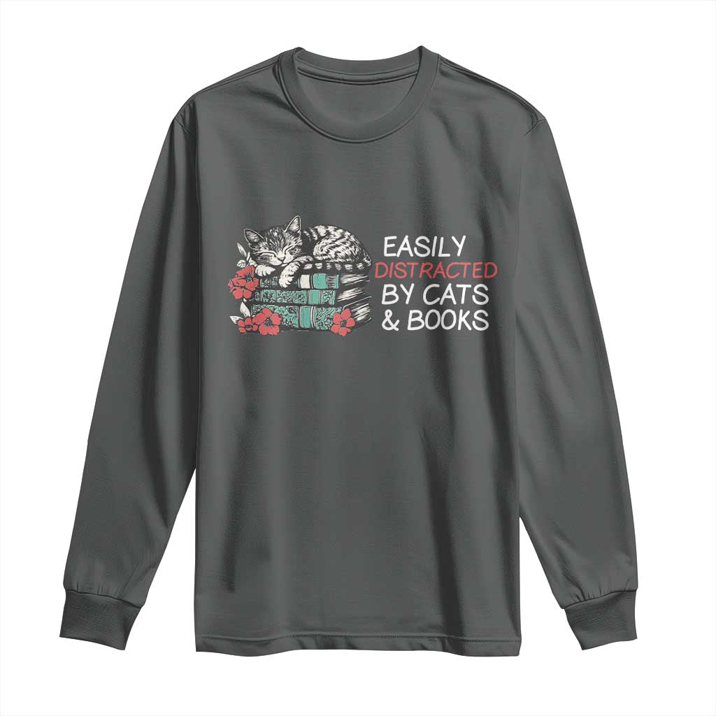 Easily Distracted By Cats And Books Long Sleeve Shirt Funny Book Lover Gift - Wonder Print Shop