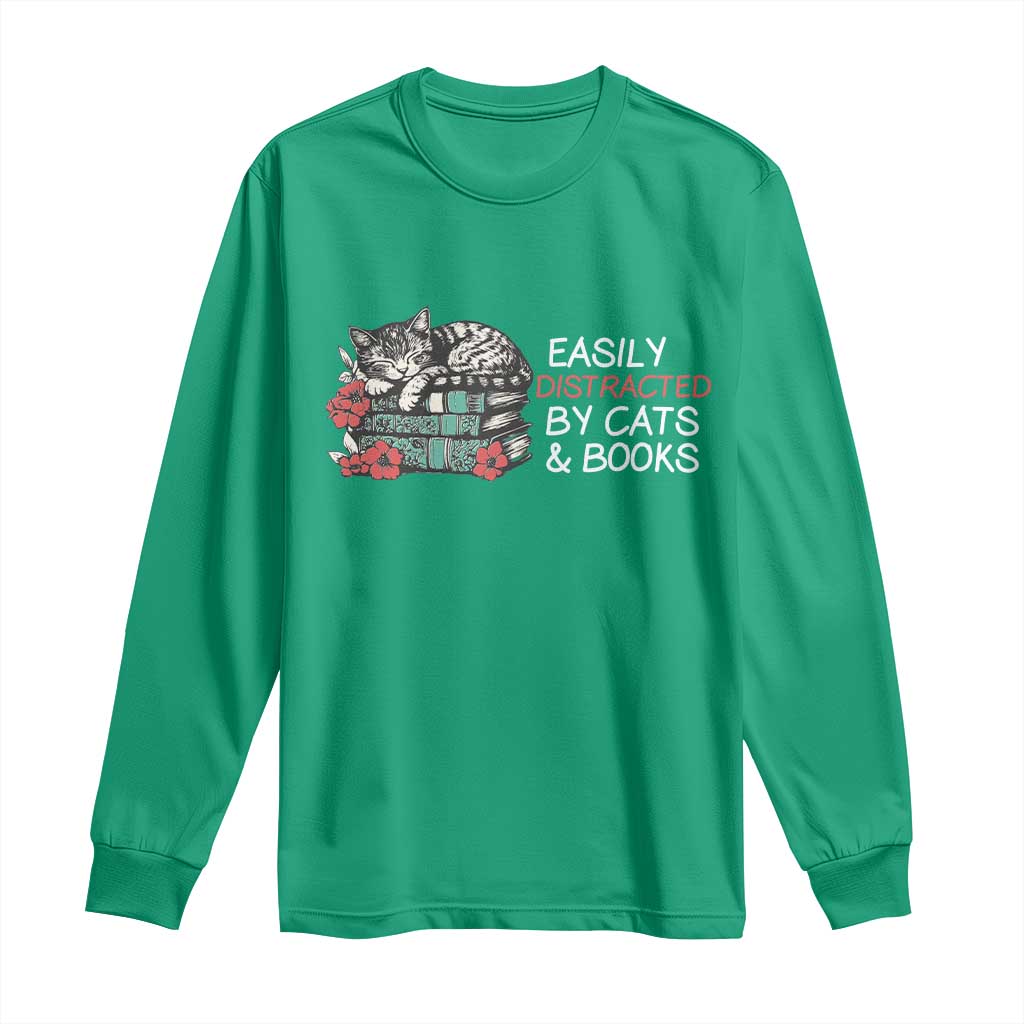 Easily Distracted By Cats And Books Long Sleeve Shirt Funny Book Lover Gift - Wonder Print Shop