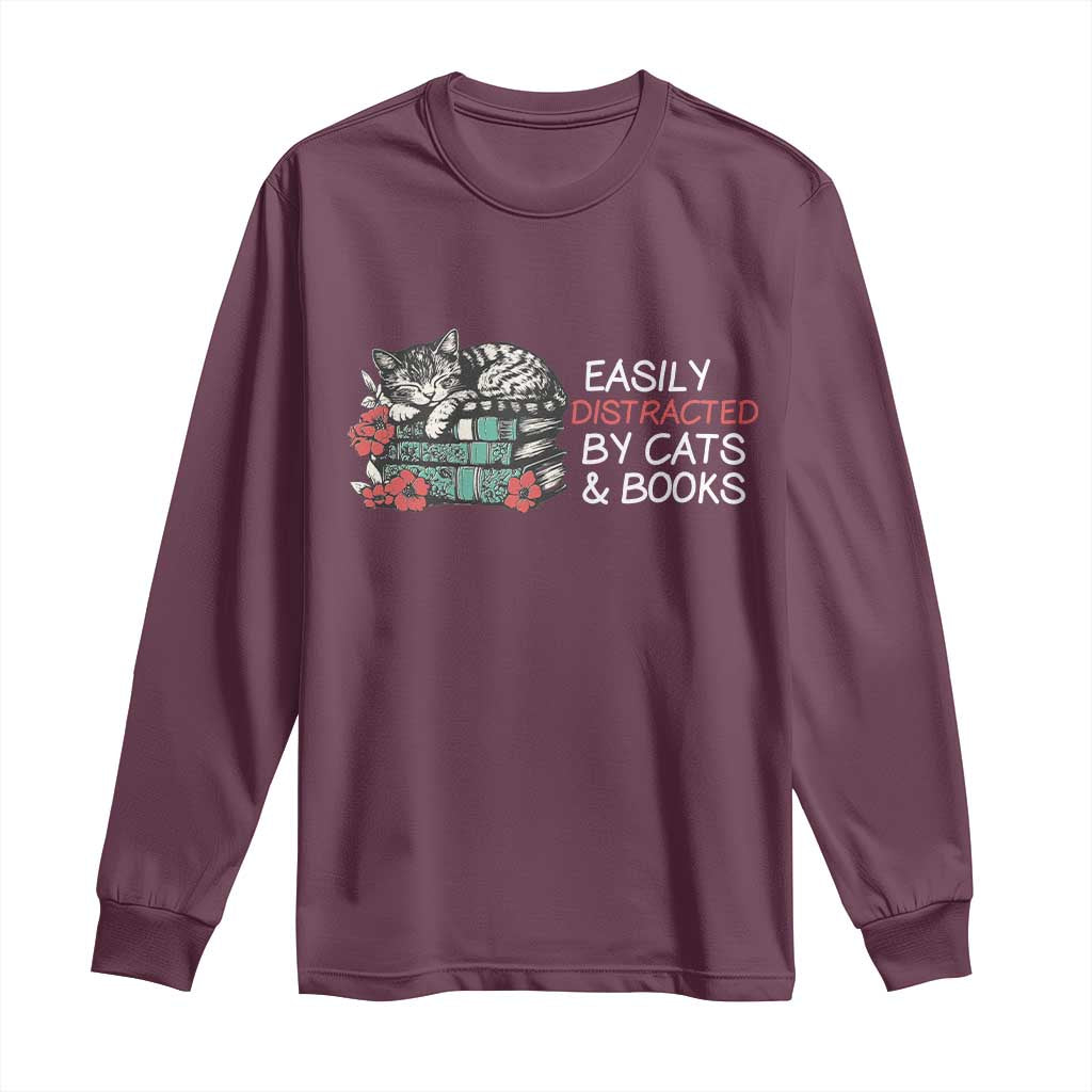 Easily Distracted By Cats And Books Long Sleeve Shirt Funny Book Lover Gift - Wonder Print Shop