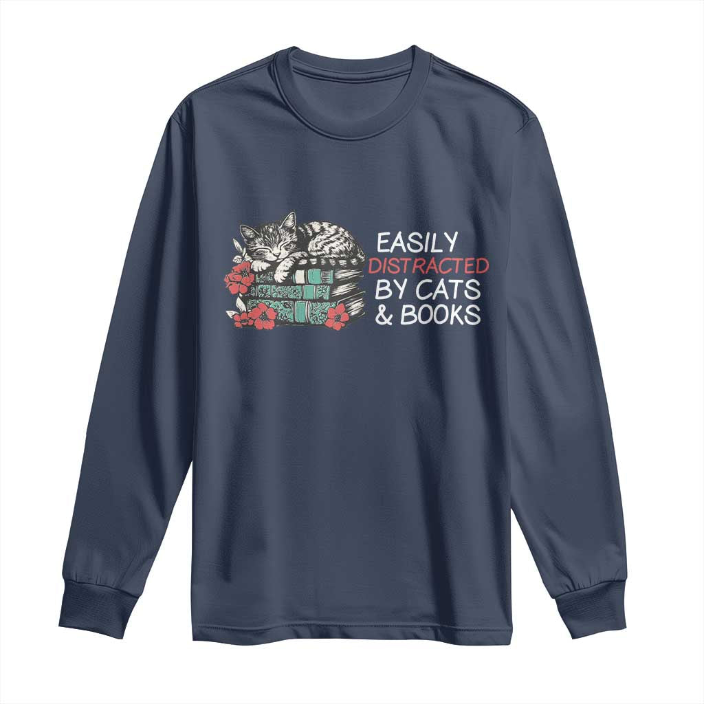 Easily Distracted By Cats And Books Long Sleeve Shirt Funny Book Lover Gift - Wonder Print Shop
