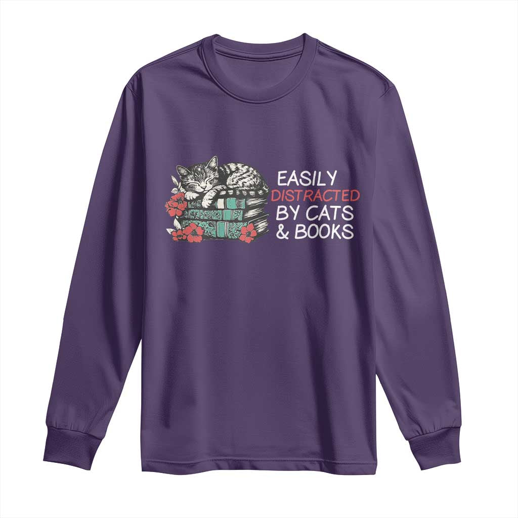 Easily Distracted By Cats And Books Long Sleeve Shirt Funny Book Lover Gift - Wonder Print Shop