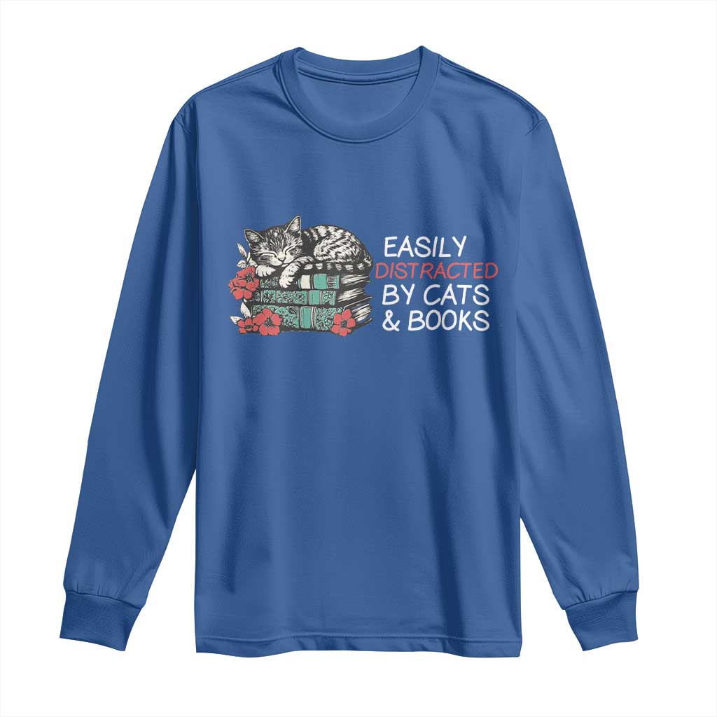 Easily Distracted By Cats And Books Long Sleeve Shirt Funny Book Lover Gift - Wonder Print Shop