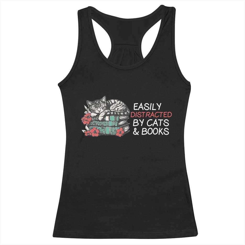 Easily Distracted By Cats And Books Racerback Tank Top Funny Book Lover Gift - Wonder Print Shop