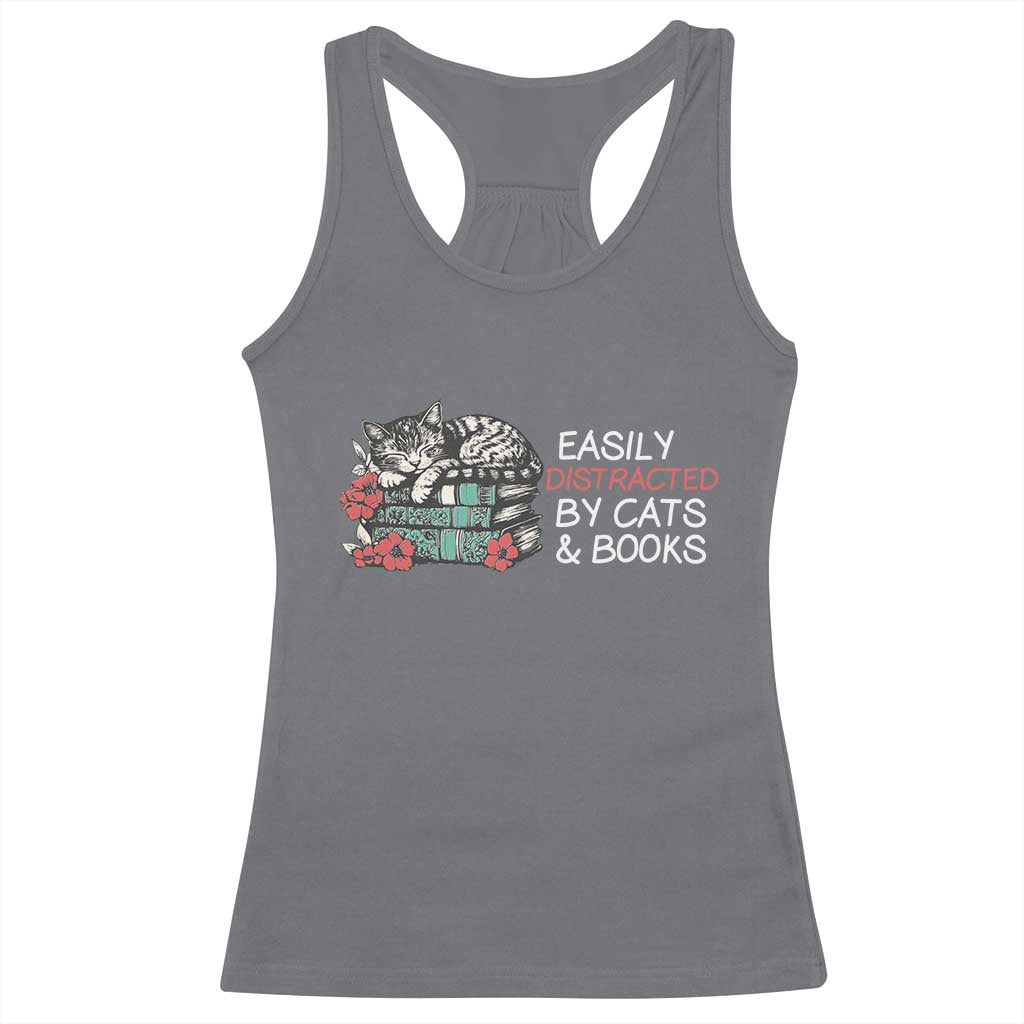 Easily Distracted By Cats And Books Racerback Tank Top Funny Book Lover Gift - Wonder Print Shop