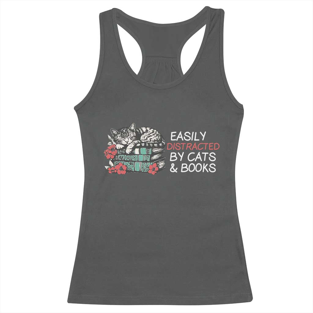 Easily Distracted By Cats And Books Racerback Tank Top Funny Book Lover Gift - Wonder Print Shop