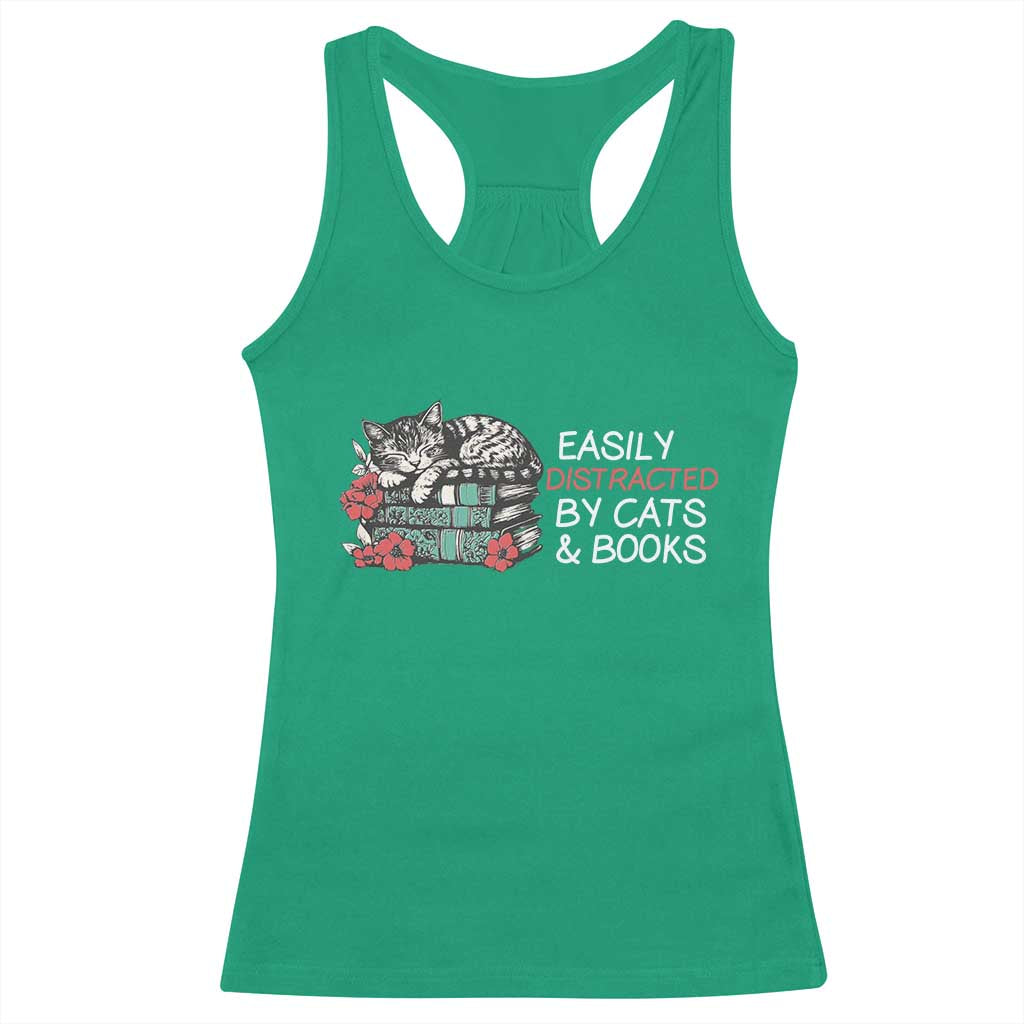 Easily Distracted By Cats And Books Racerback Tank Top Funny Book Lover Gift - Wonder Print Shop