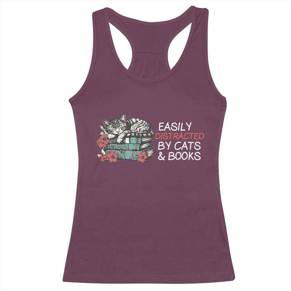 Easily Distracted By Cats And Books Racerback Tank Top Funny Book Lover Gift - Wonder Print Shop