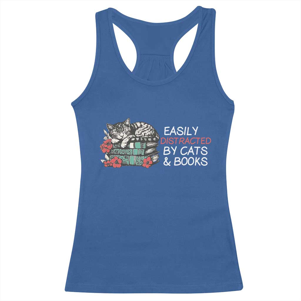 Easily Distracted By Cats And Books Racerback Tank Top Funny Book Lover Gift - Wonder Print Shop