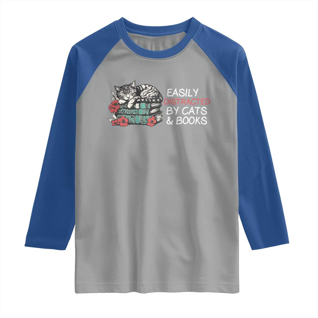 Easily Distracted By Cats And Books Raglan Shirt Funny Book Lover Gift - Wonder Print Shop