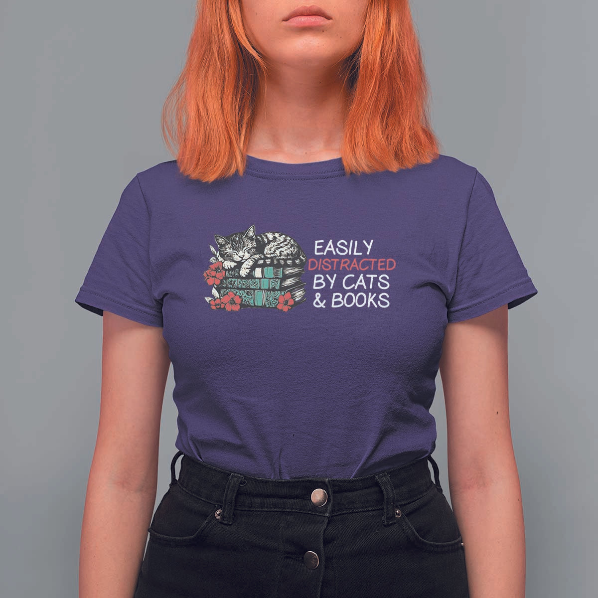 Easily Distracted By Cats And Books T Shirt For Women Funny Book Lover Gift - Wonder Print Shop
