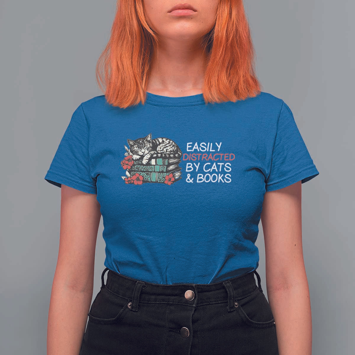 Easily Distracted By Cats And Books T Shirt For Women Funny Book Lover Gift - Wonder Print Shop