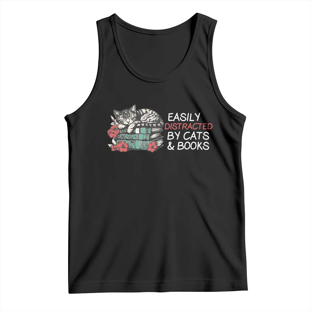 Easily Distracted By Cats And Books Tank Top Funny Book Lover Gift - Wonder Print Shop