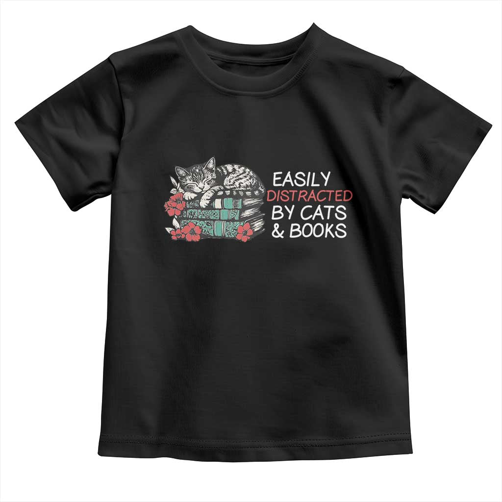 Easily Distracted By Cats And Books Toddler T Shirt Funny Book Lover Gift - Wonder Print Shop