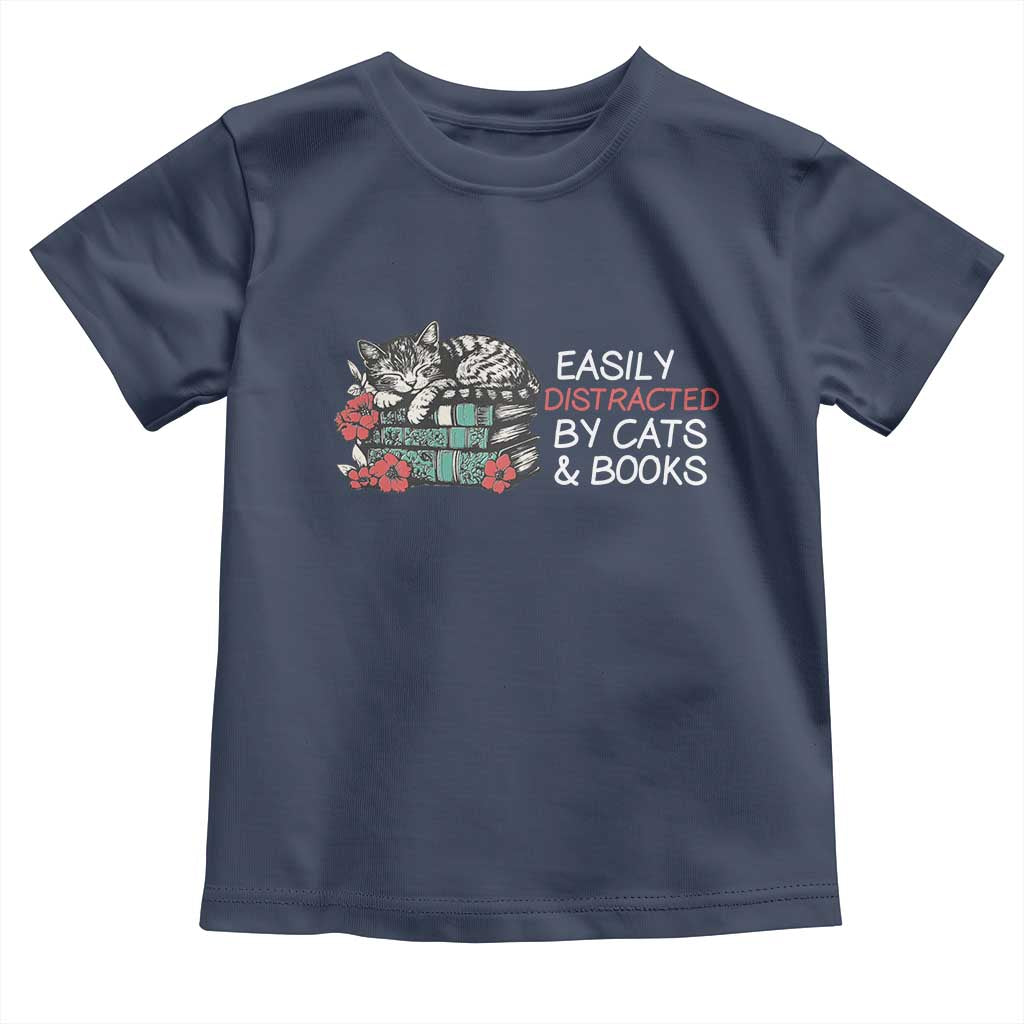 Easily Distracted By Cats And Books Toddler T Shirt Funny Book Lover Gift - Wonder Print Shop