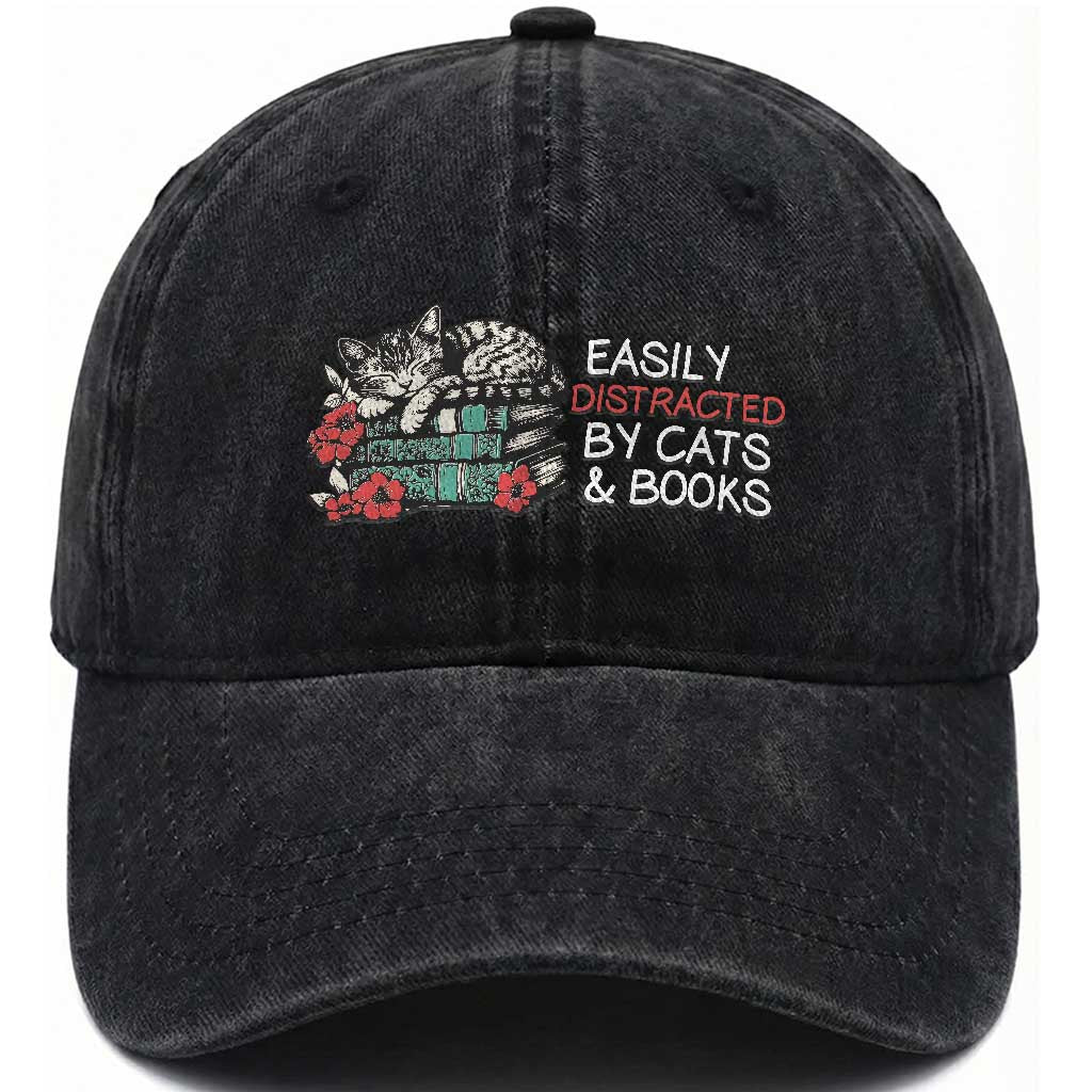 Easily Distracted By Cats And Books Washed Cotton Baseball Cap Funny Book Lover Gift