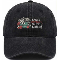 Easily Distracted By Cats And Books Washed Cotton Baseball Cap Funny Book Lover Gift