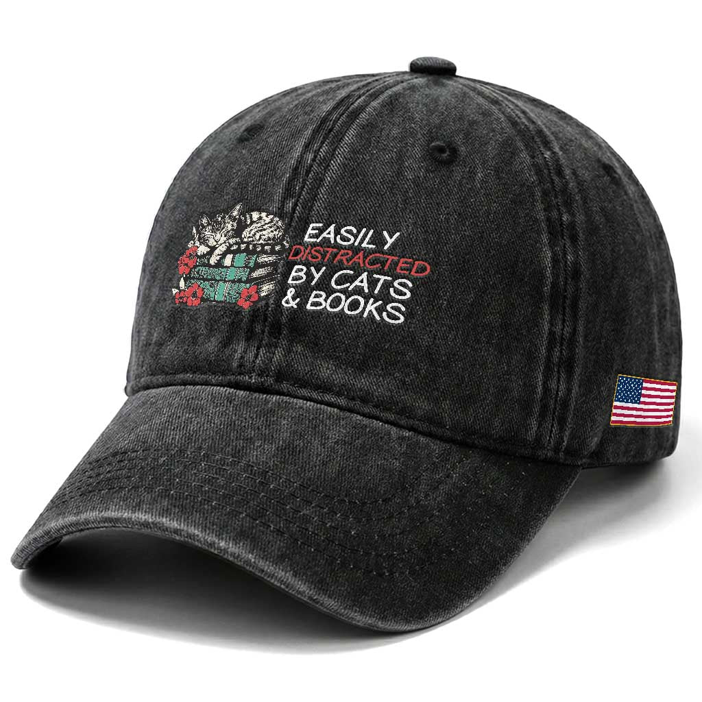 Easily Distracted By Cats And Books Washed Cotton Baseball Cap Funny Book Lover Gift