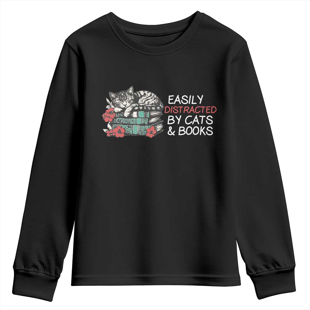 Easily Distracted By Cats And Books Youth Sweatshirt Funny Book Lover Gift - Wonder Print Shop