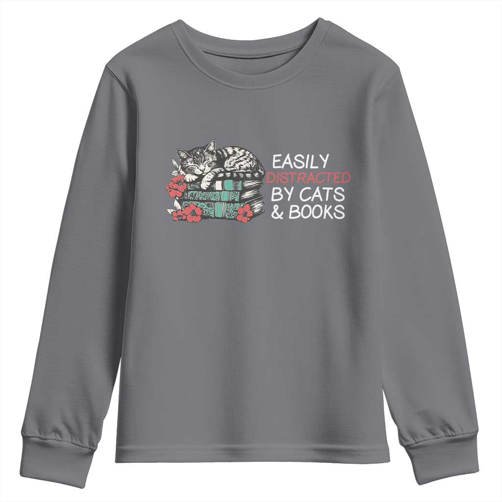 Easily Distracted By Cats And Books Youth Sweatshirt Funny Book Lover Gift - Wonder Print Shop