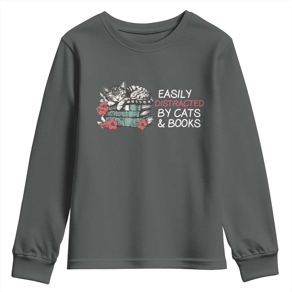 Easily Distracted By Cats And Books Youth Sweatshirt Funny Book Lover Gift - Wonder Print Shop