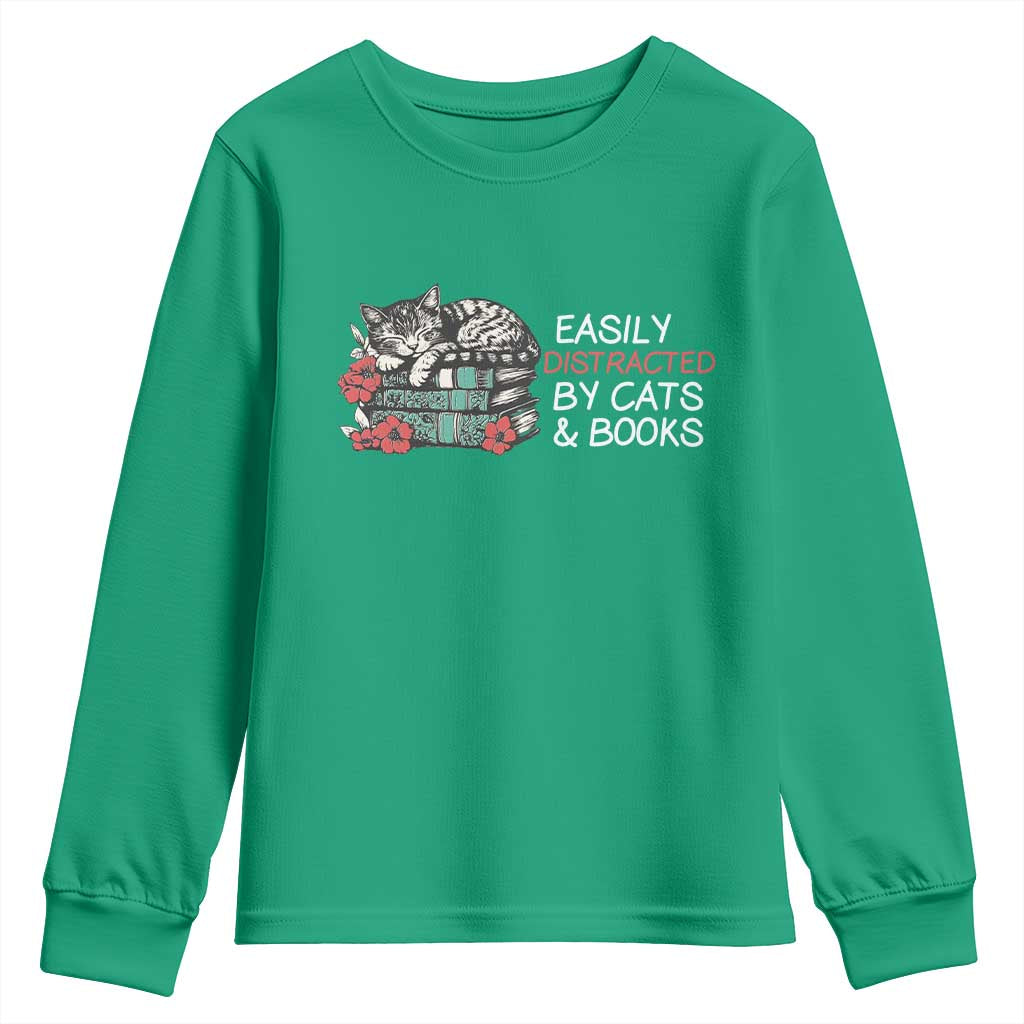 Easily Distracted By Cats And Books Youth Sweatshirt Funny Book Lover Gift - Wonder Print Shop