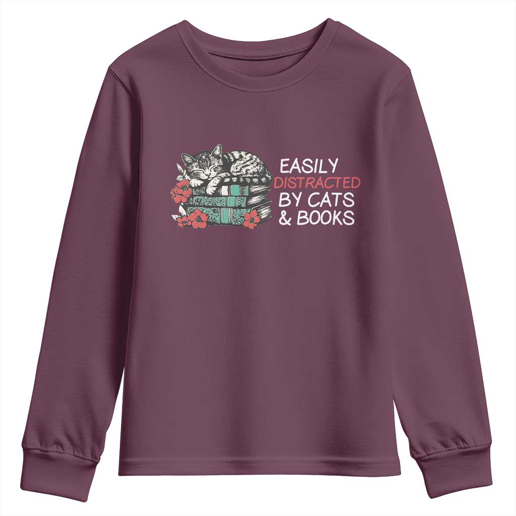 Easily Distracted By Cats And Books Youth Sweatshirt Funny Book Lover Gift - Wonder Print Shop