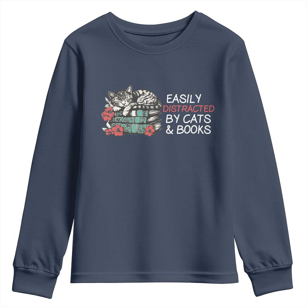 Easily Distracted By Cats And Books Youth Sweatshirt Funny Book Lover Gift - Wonder Print Shop