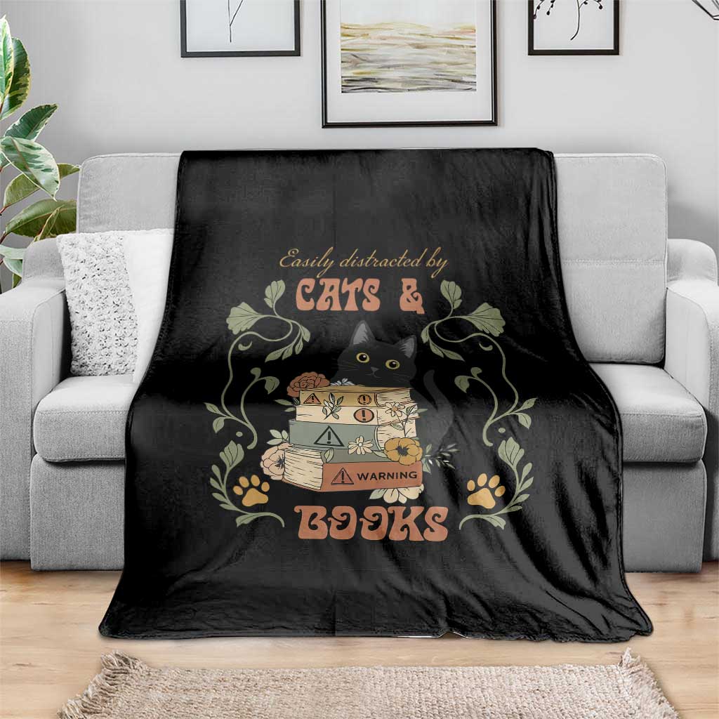 Cute Bookworm Gift Throw Blanket Easily Distracted By Cats And Books - Wonder Print Shop