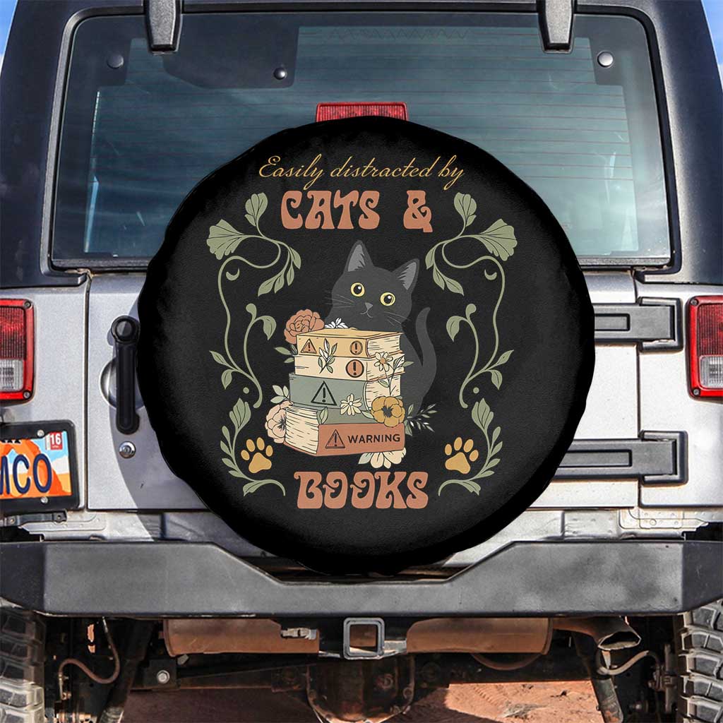 Cute Bookworm Gift Spare Tire Cover Easily Distracted By Cats And Books - Wonder Print Shop