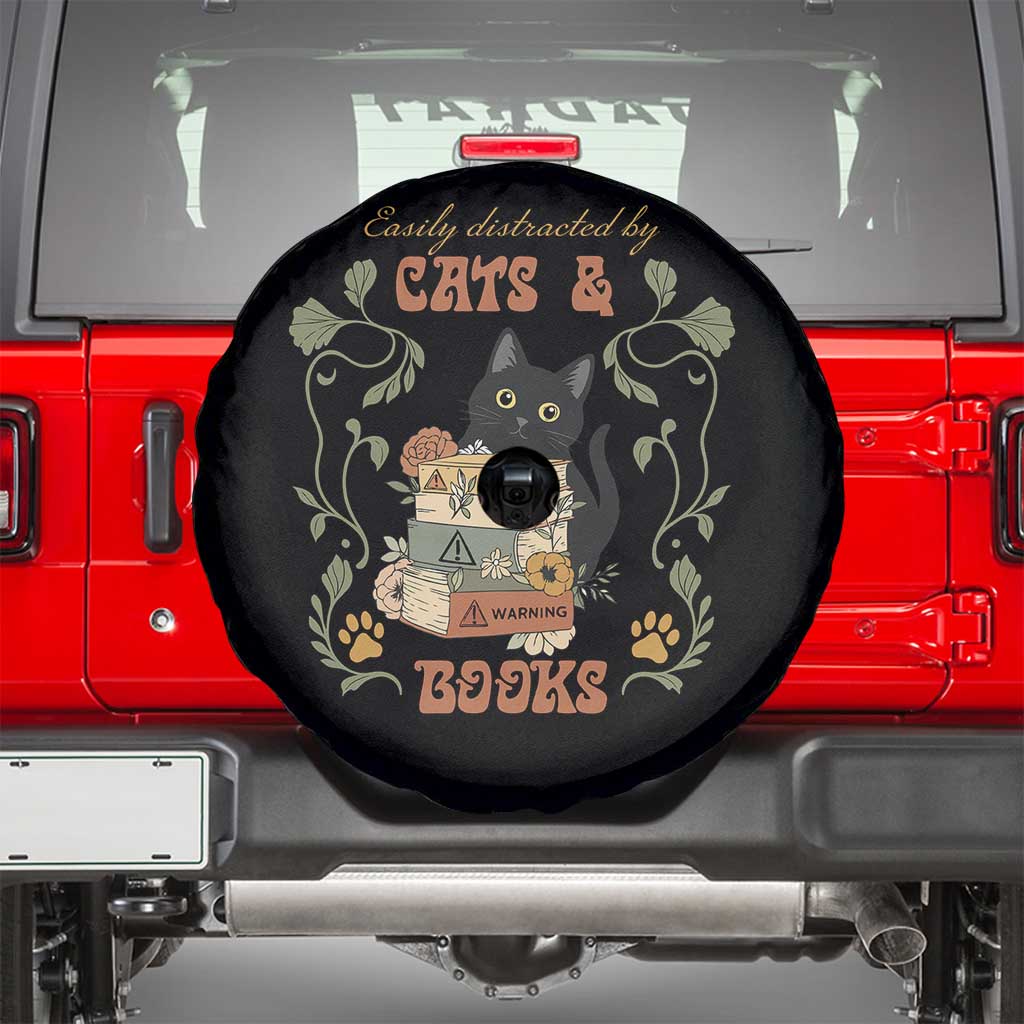 Cute Bookworm Gift Spare Tire Cover Easily Distracted By Cats And Books - Wonder Print Shop