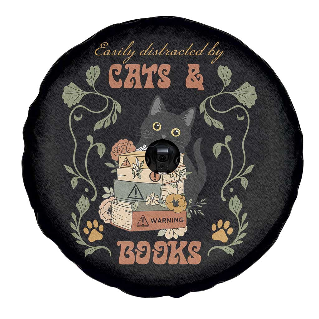 Cute Bookworm Gift Spare Tire Cover Easily Distracted By Cats And Books - Wonder Print Shop