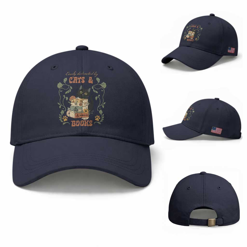 Cute Bookworm Gift Baseball Cap Easily Distracted By Cats And Books
