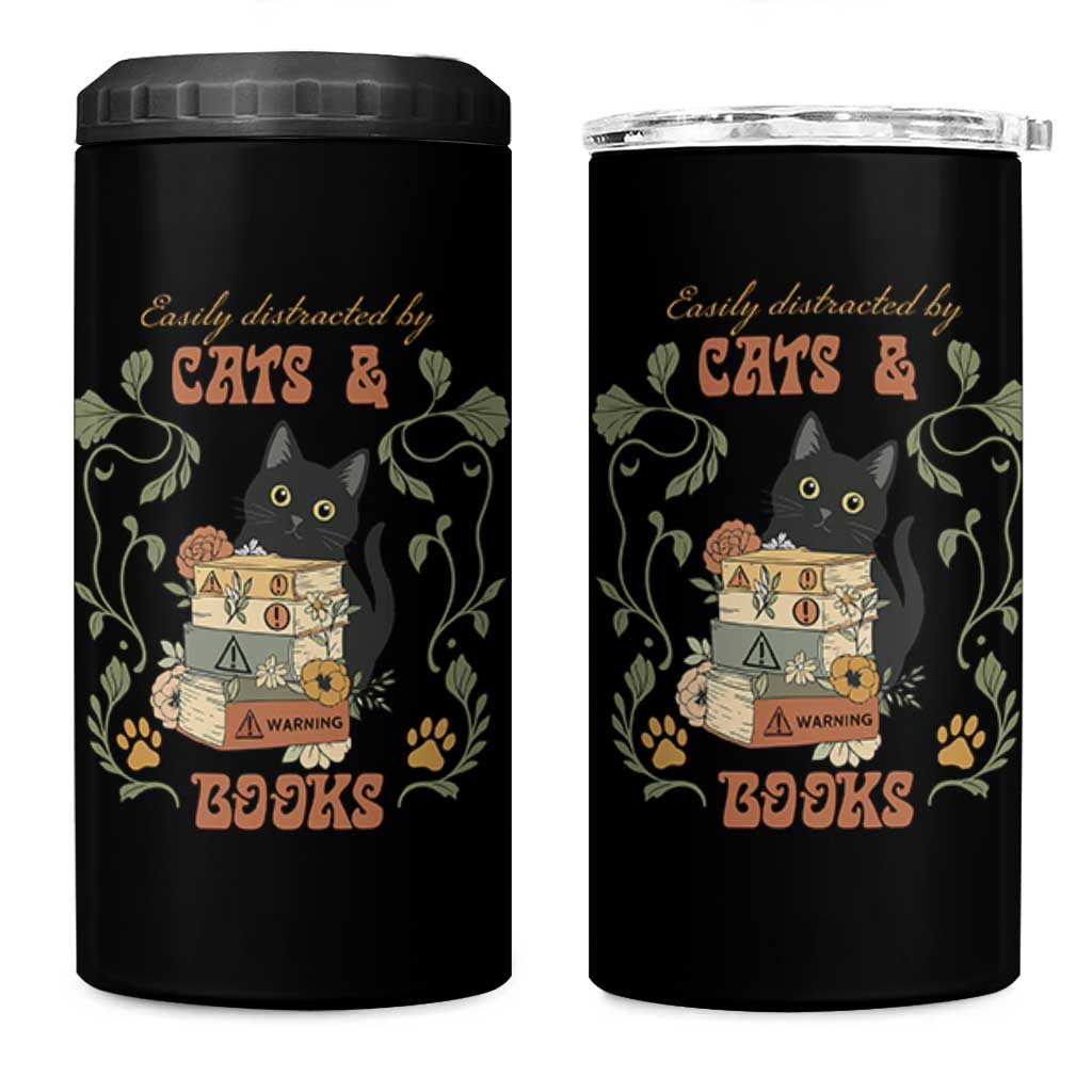 Cute Bookworm Gift 4 in 1 Can Cooler Tumbler Easily Distracted By Cats And Books