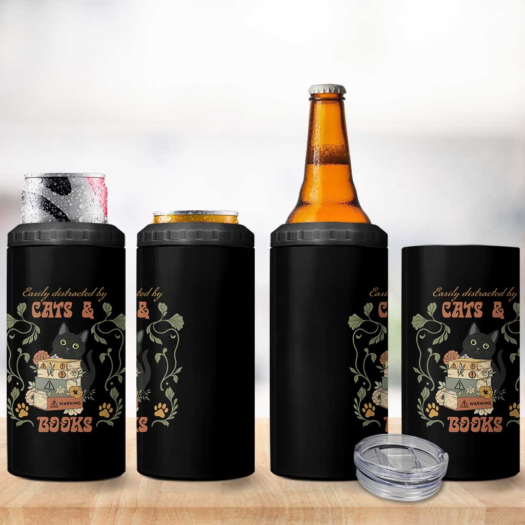 Cute Bookworm Gift 4 in 1 Can Cooler Tumbler Easily Distracted By Cats And Books