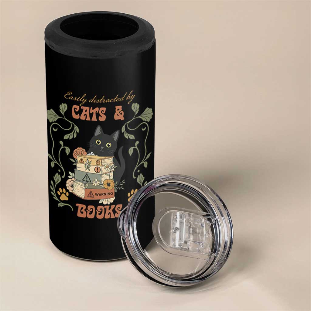 Cute Bookworm Gift 4 in 1 Can Cooler Tumbler Easily Distracted By Cats And Books