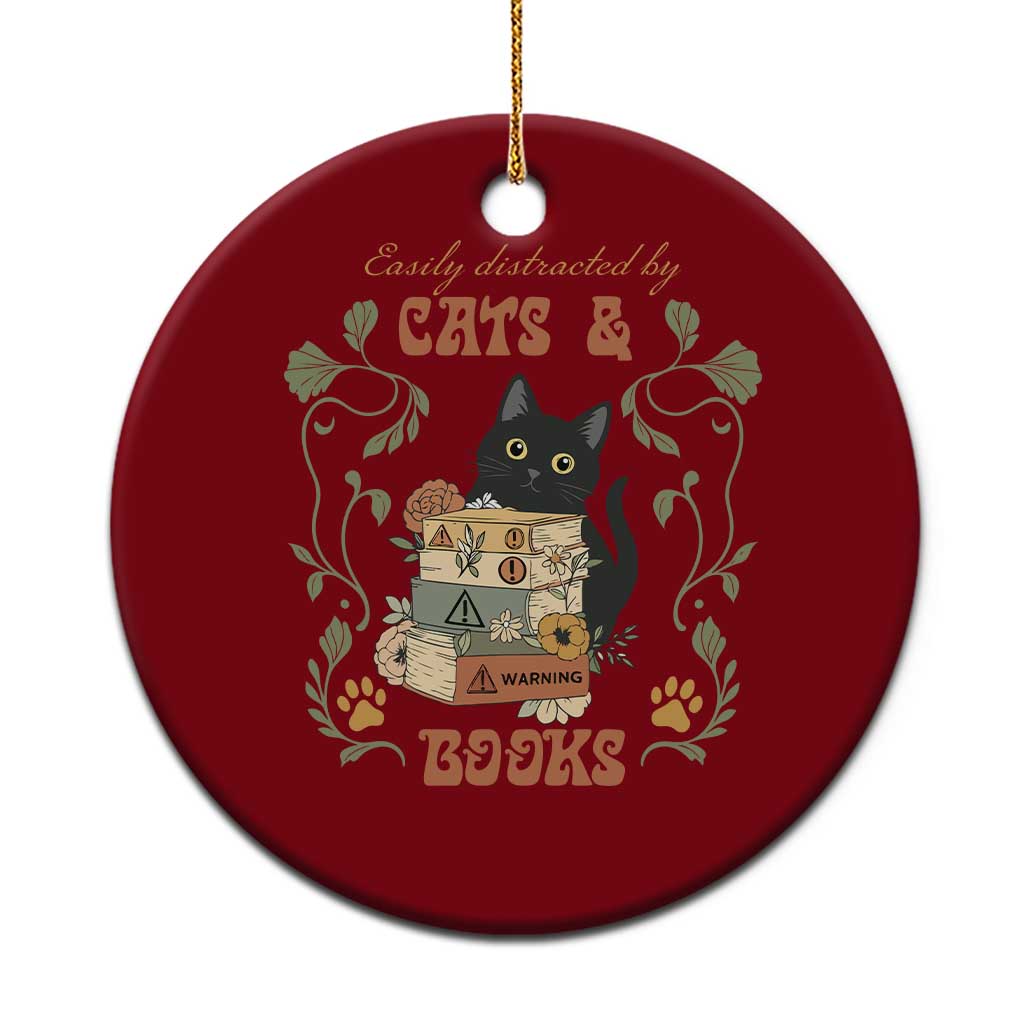 Cute Bookworm Gift Ceramic Ornament Easily Distracted By Cats And Books - Wonder Print Shop
