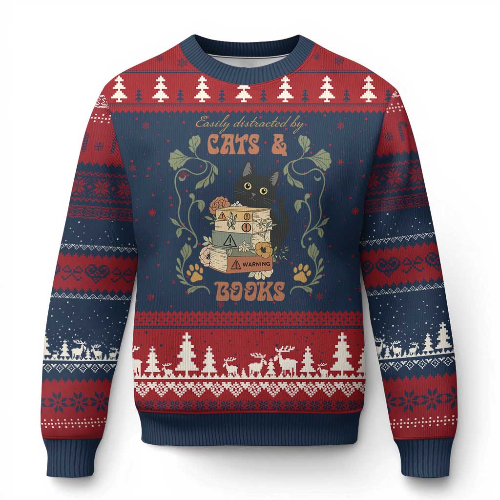 Cute Bookworm Gift Ugly Christmas Sweater Easily Distracted By Cats And Books - Wonder Print Shop