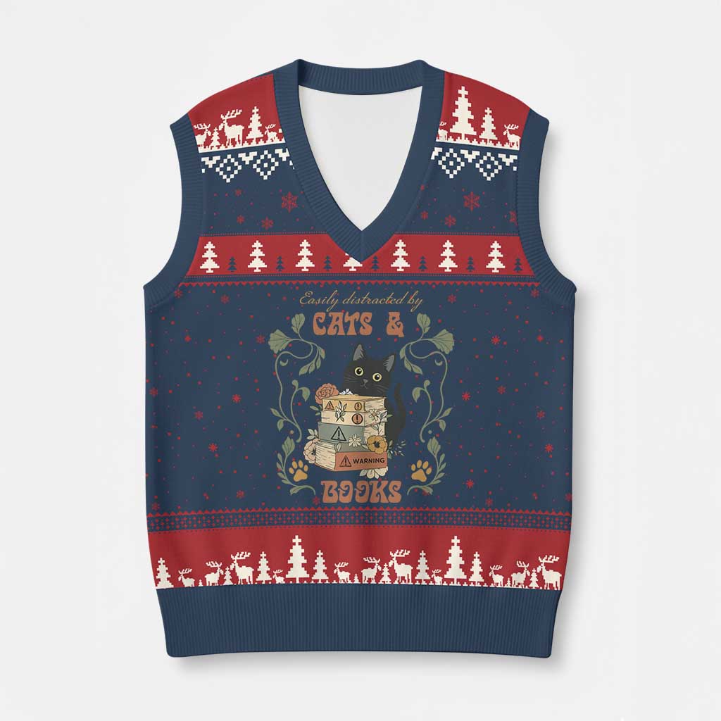 Cute Bookworm Gift V-Neck Knit Sweater Vest Easily Distracted By Cats And Books - Wonder Print Shop