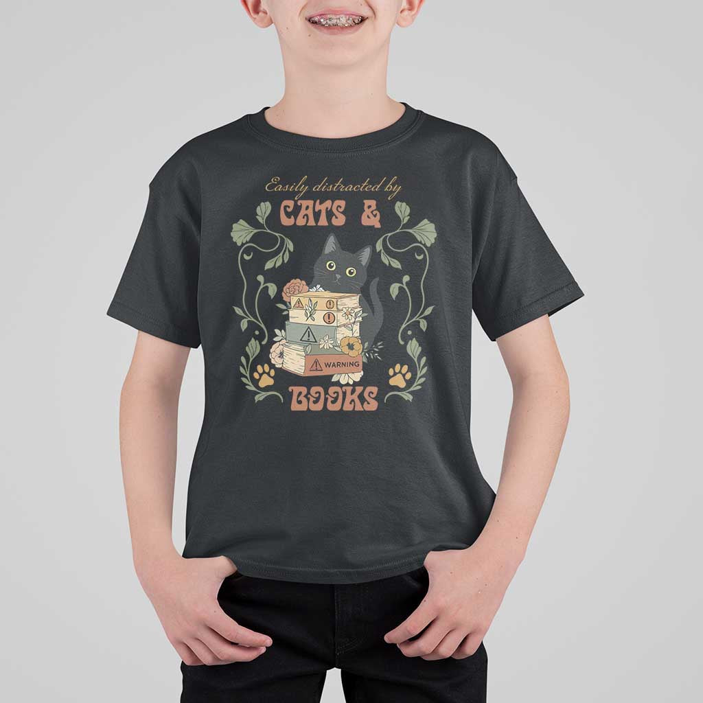 Cute Bookworm Gift T Shirt For Kid Easily Distracted By Cats And Books - Wonder Print Shop