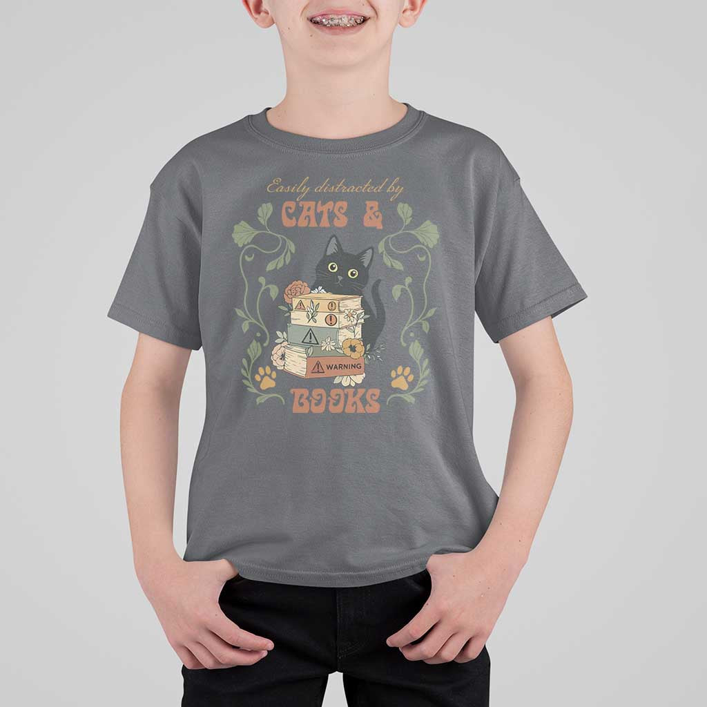 Cute Bookworm Gift T Shirt For Kid Easily Distracted By Cats And Books - Wonder Print Shop